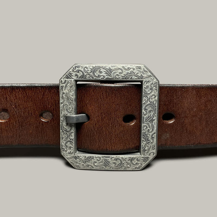 Square Floral Engraved Buckle Pants Leather Belt