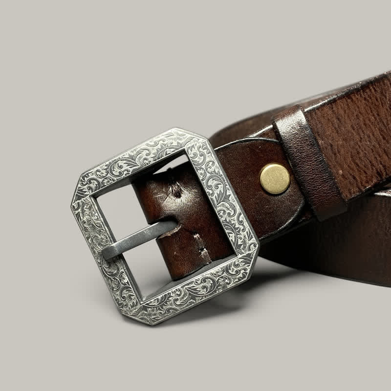 Square Floral Engraved Buckle Pants Leather Belt