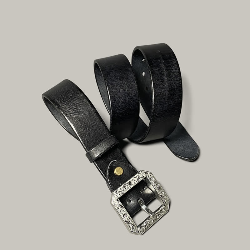 Square Floral Engraved Buckle Pants Leather Belt