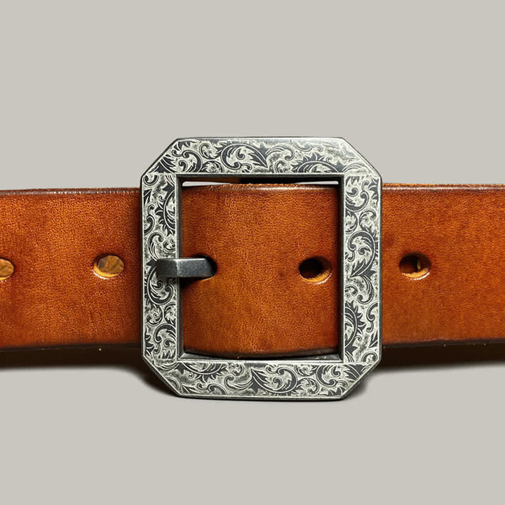 Square Floral Engraved Buckle Pants Leather Belt