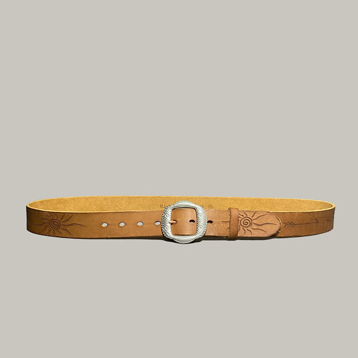 Retro Embossed Sun Pattern Silver Buckle Leather Belt