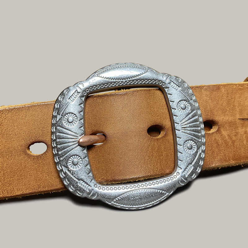 Retro Embossed Sun Pattern Silver Buckle Leather Belt