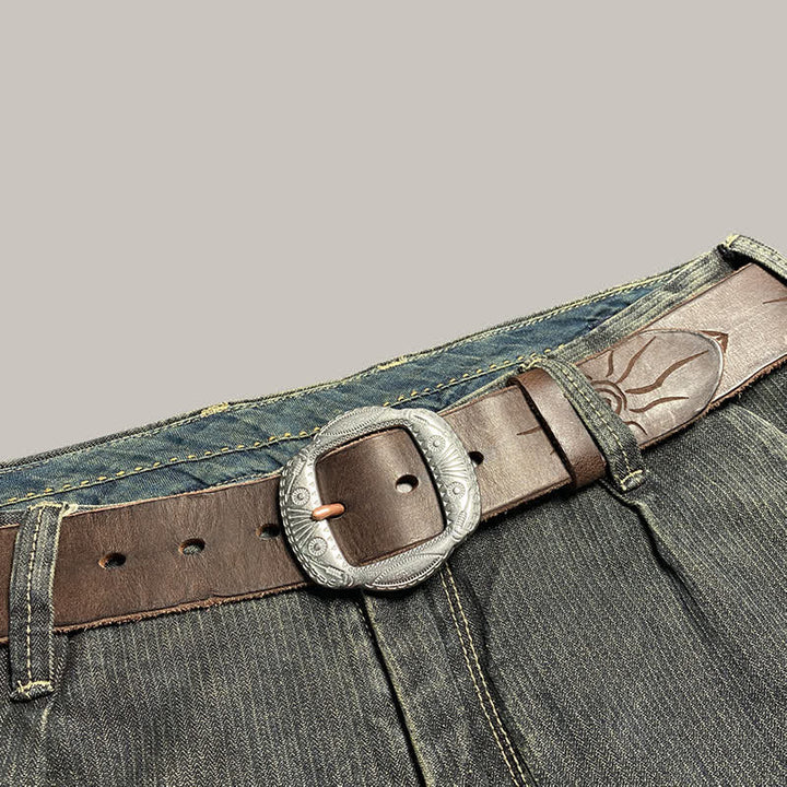 Retro Embossed Sun Pattern Silver Buckle Leather Belt