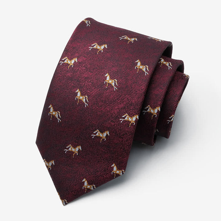 Men's Burgundy Running Horse Animal Pattern Necktie