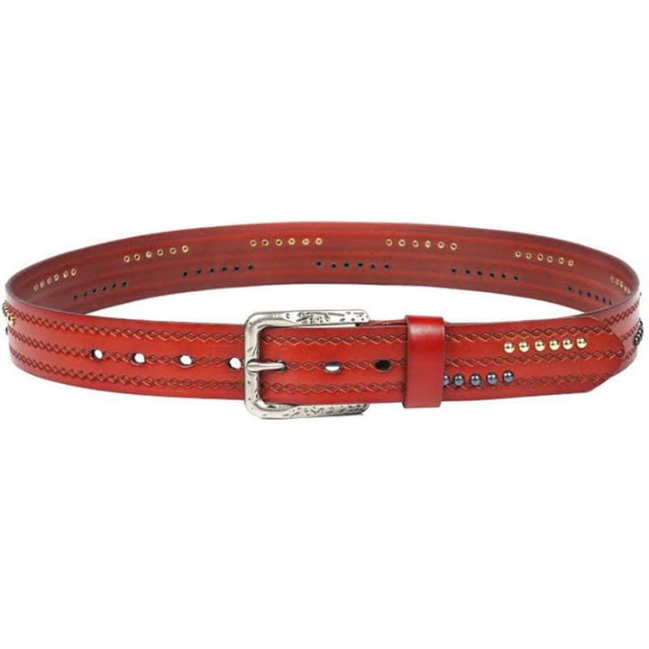 Round Rivet Fancy Stitch Embossed Pattern Leather Belt