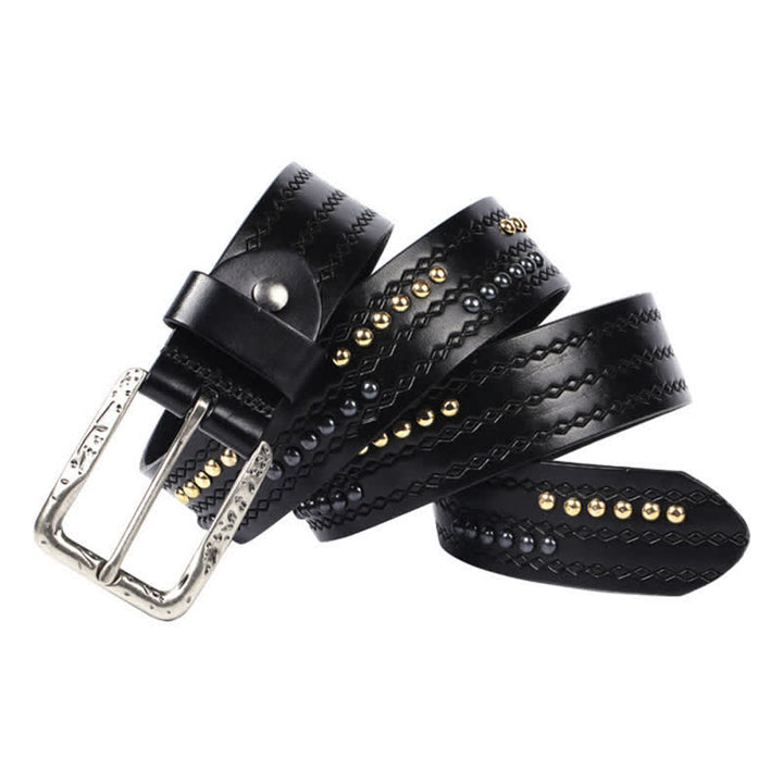 Round Rivet Fancy Stitch Embossed Pattern Leather Belt