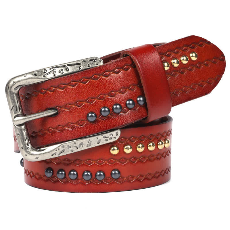 Round Rivet Fancy Stitch Embossed Pattern Leather Belt