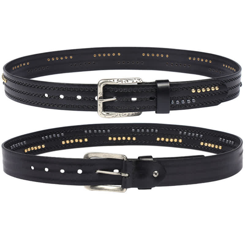 Round Rivet Fancy Stitch Embossed Pattern Leather Belt