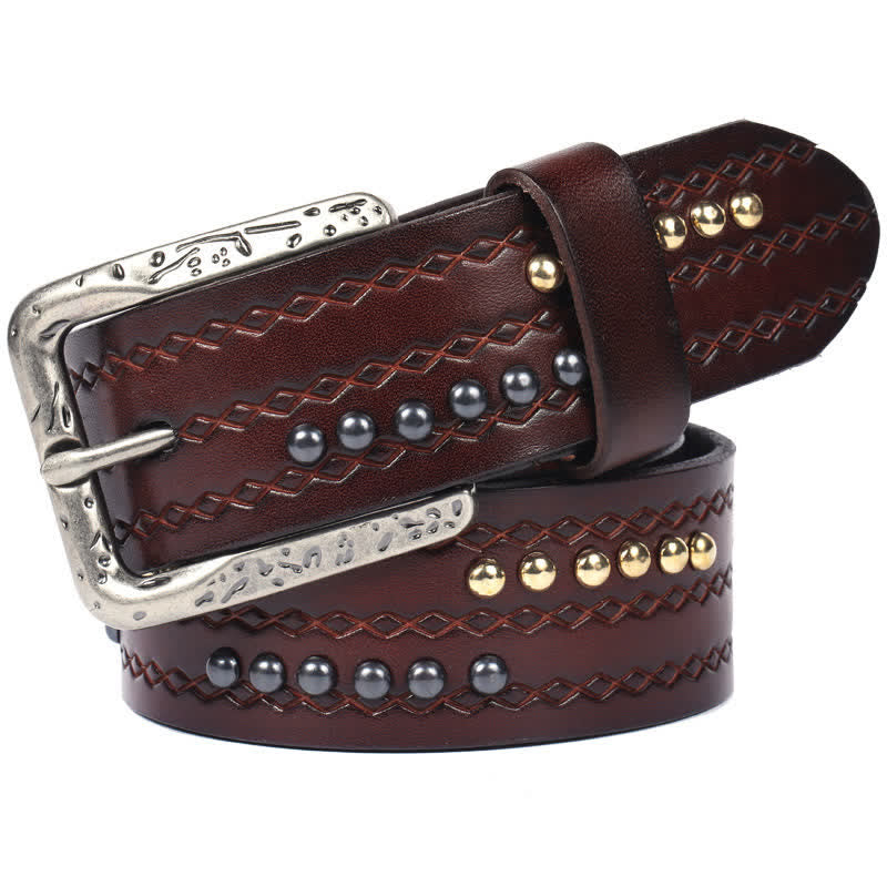 Round Rivet Fancy Stitch Embossed Pattern Leather Belt