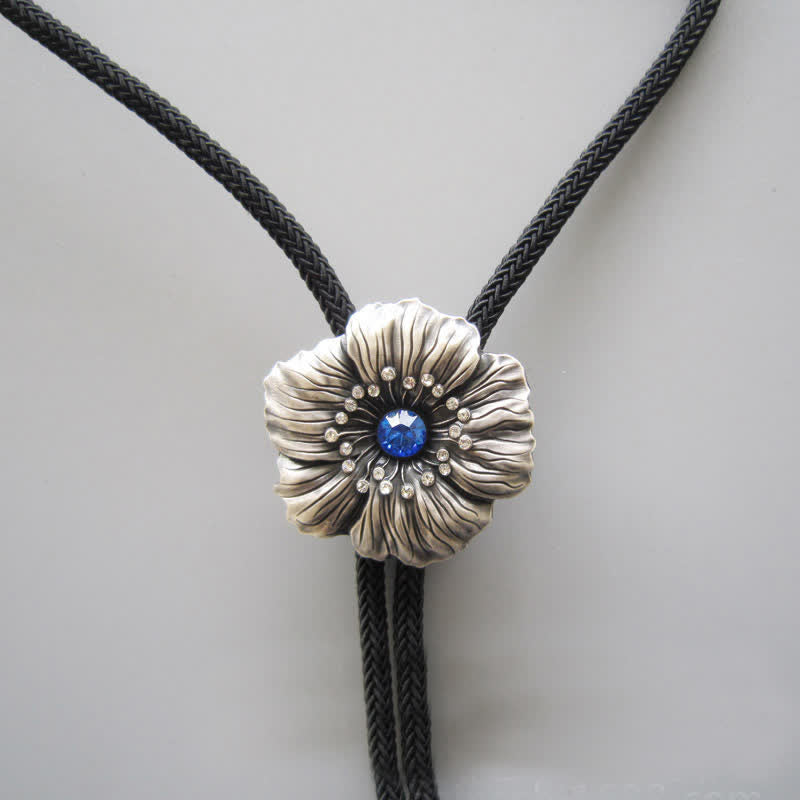 Blue Faux Crystal Rhinestone Flower Shape Bolo Tie