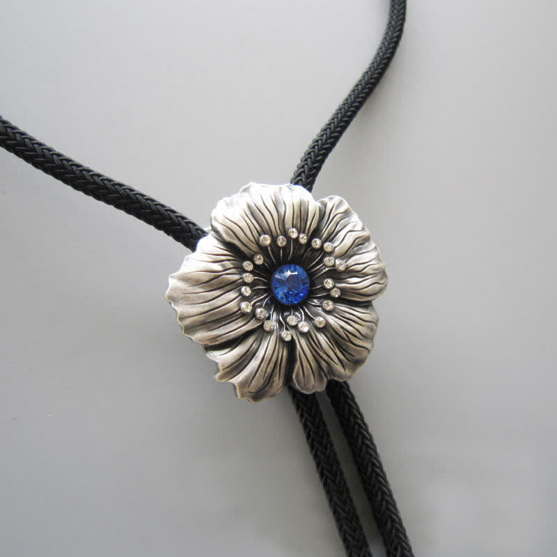 Blue Faux Crystal Rhinestone Flower Shape Bolo Tie