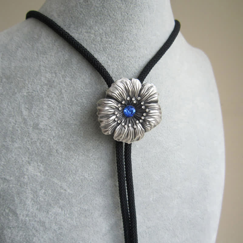 Blue Faux Crystal Rhinestone Flower Shape Bolo Tie