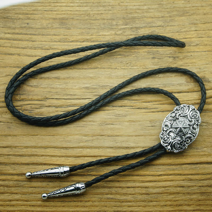 Western Texas Silver Star Carving Bolo Tie