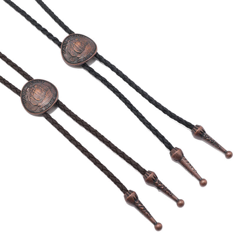 Three Sailboats Ancient Coin Leather Bolo Tie