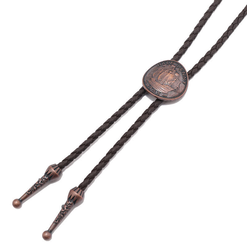 Three Sailboats Ancient Coin Leather Bolo Tie