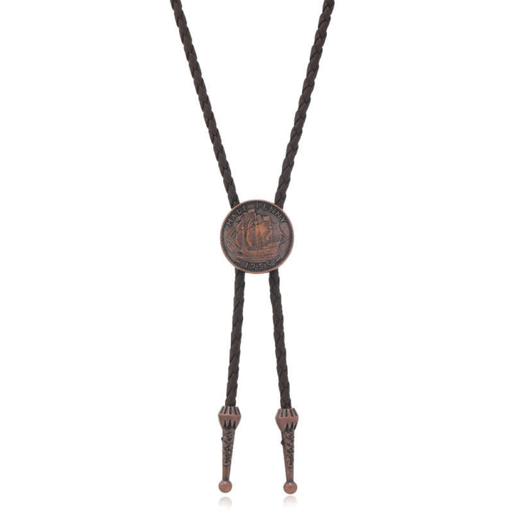 Three Sailboats Ancient Coin Leather Bolo Tie