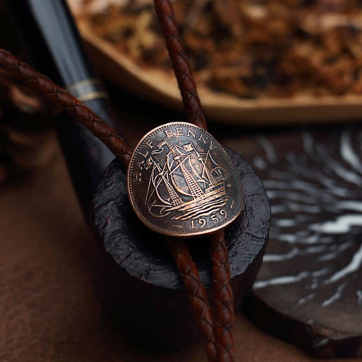 Three Sailboats Ancient Coin Leather Bolo Tie