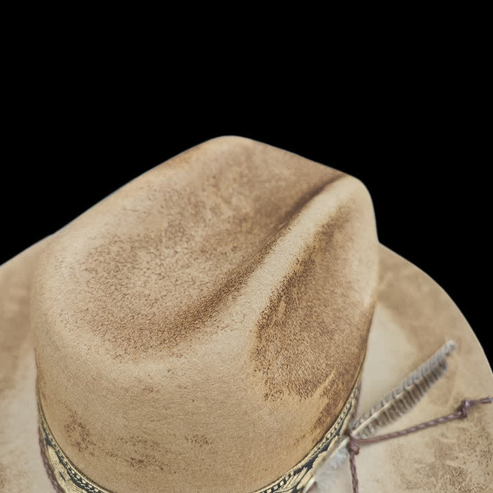 Jacquard Flower Decorative Feathers Wool Cowboy Hat