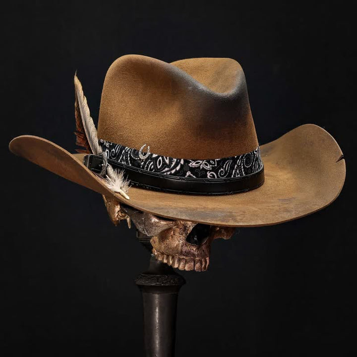 Paisley Leather Strap Feathers Wool Cowboy Hat