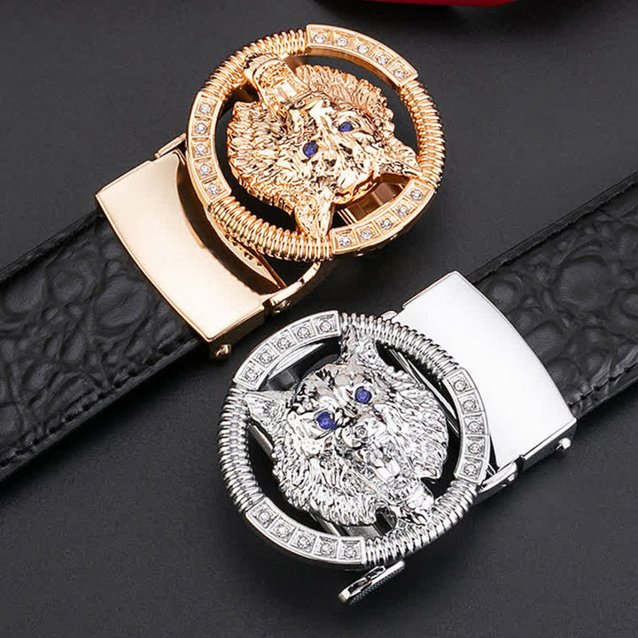 Men's Round Wolf Rhinestone Automatic Buckle Leather Belt