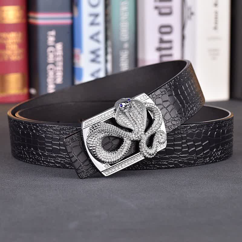 Men's Snake Rhinestone Crocodile Print Buckle Leather Belt