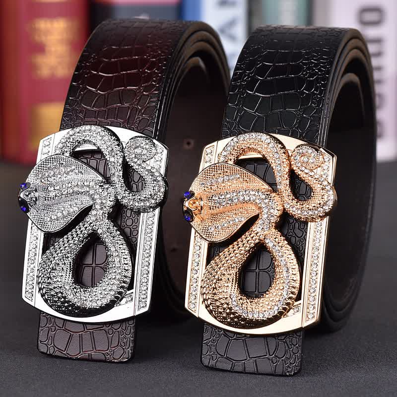 Men's Snake Rhinestone Crocodile Print Buckle Leather Belt