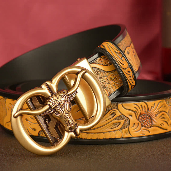 Men's Double Ring Bull Automatic Buckle Leather Belt