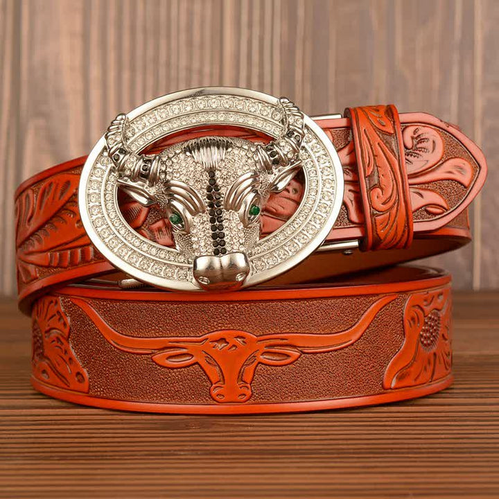 Men's Shinning Rhinestone Bull Automatic Buckle Leather Belt