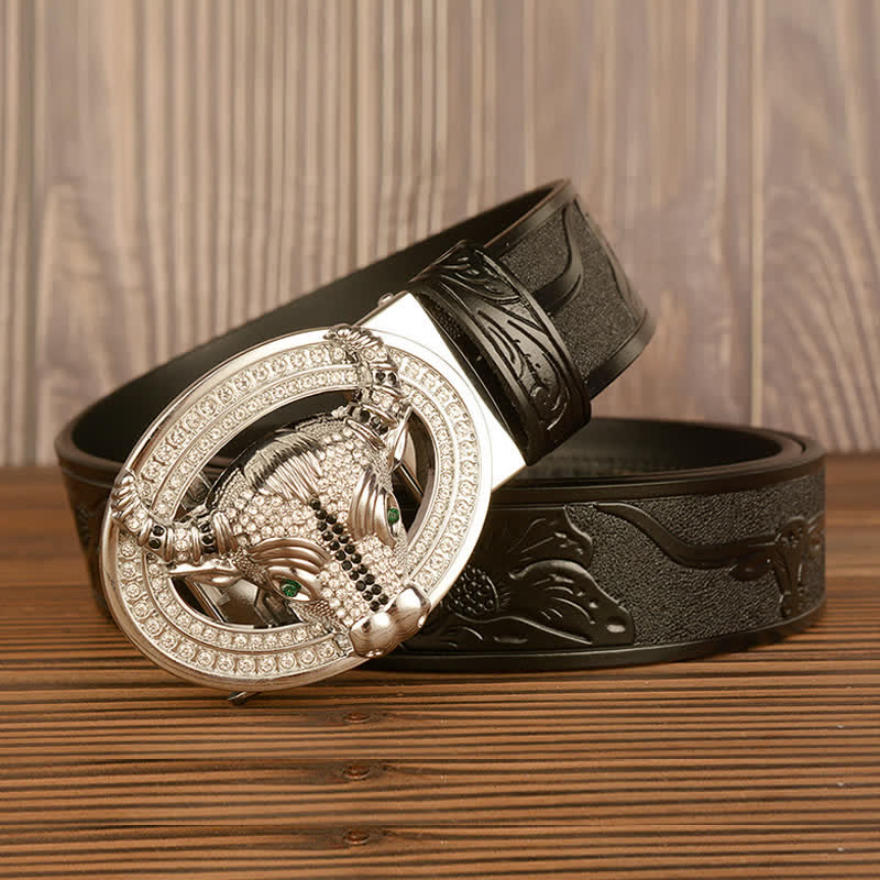 Men's Shinning Rhinestone Bull Automatic Buckle Leather Belt