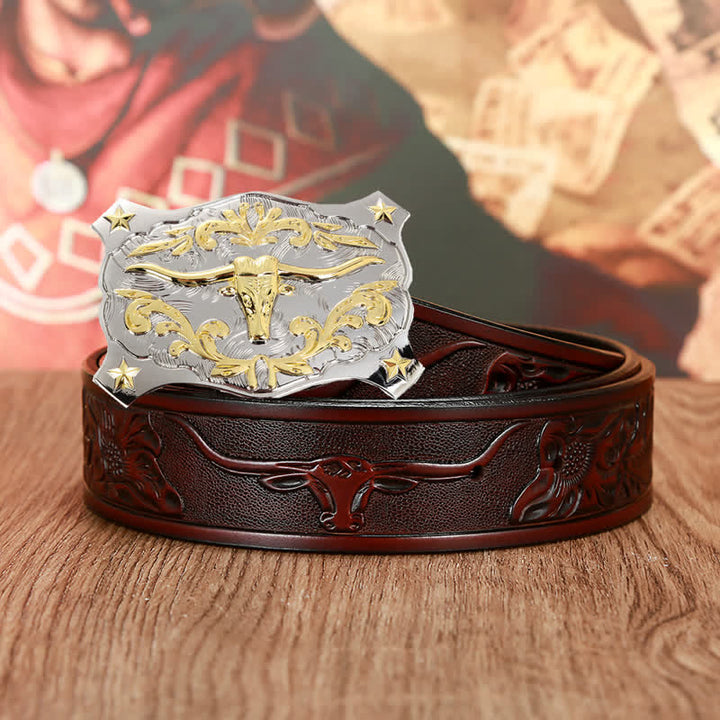 Men's Silver & Gold 3D Bull Head Animal Leather Belt