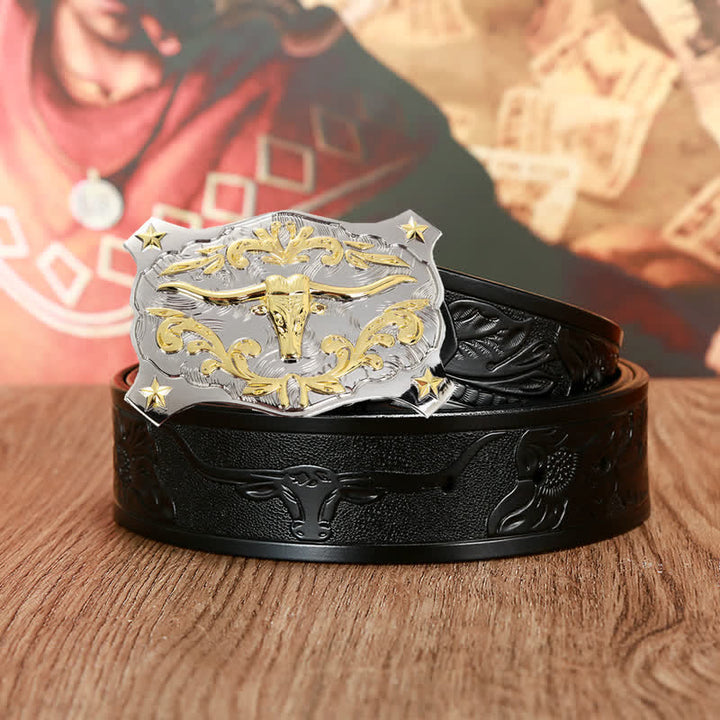 Men's Silver & Gold 3D Bull Head Animal Leather Belt