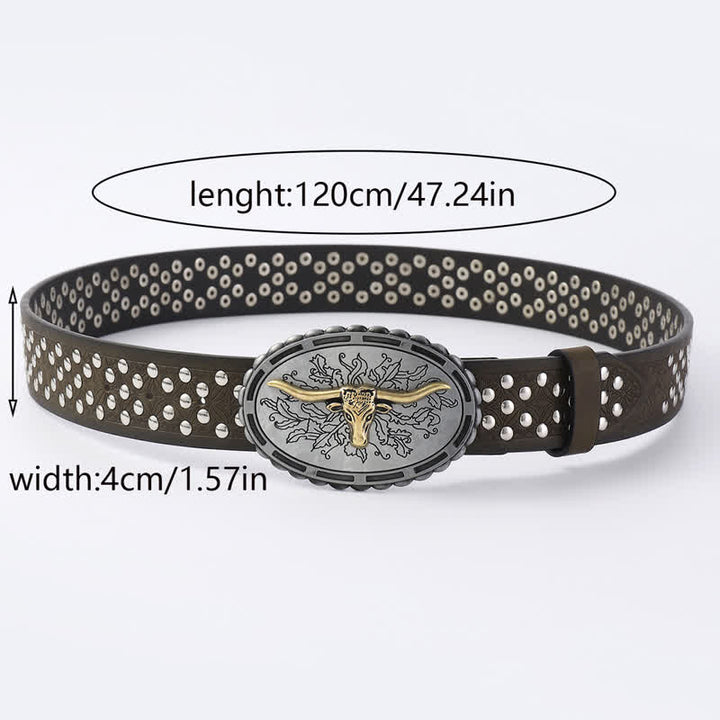 Men's Silver Bull Head Rivets Decors Leather Belt