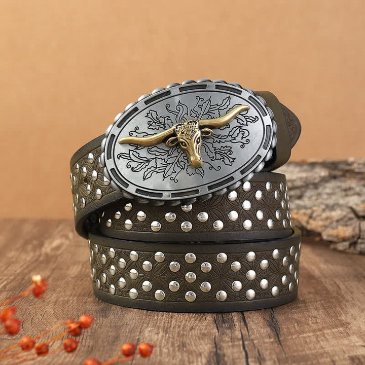 Men's Silver Bull Head Rivets Decors Leather Belt