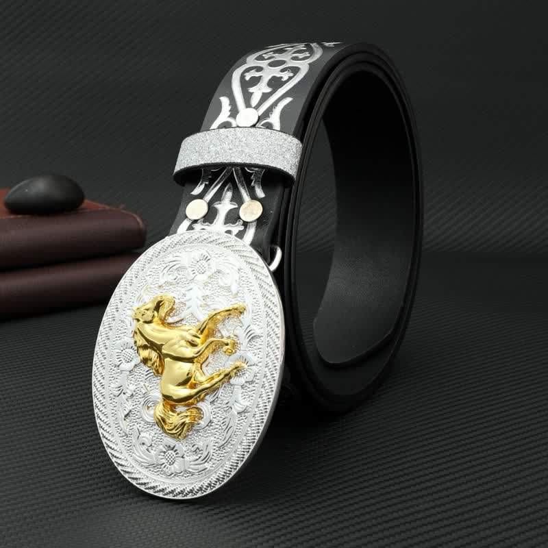 Men's Round Running Horse Silver Embossed Leather Belt