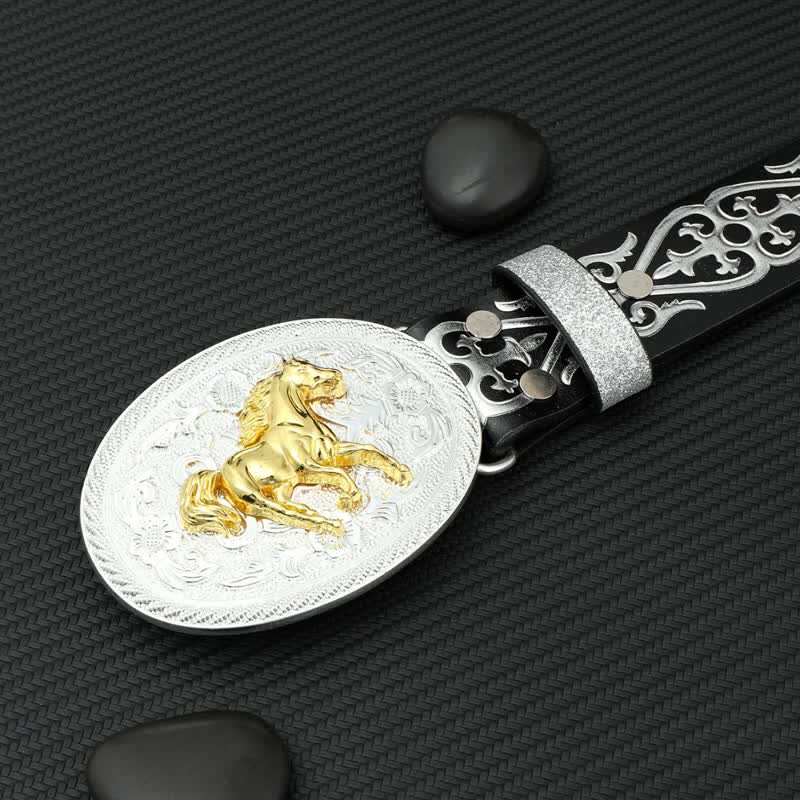 Men's Round Running Horse Silver Embossed Leather Belt