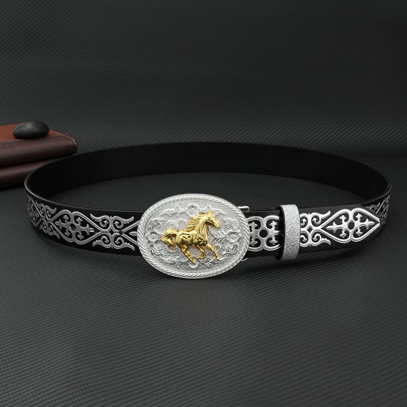 Men's Round Running Horse Silver Embossed Leather Belt