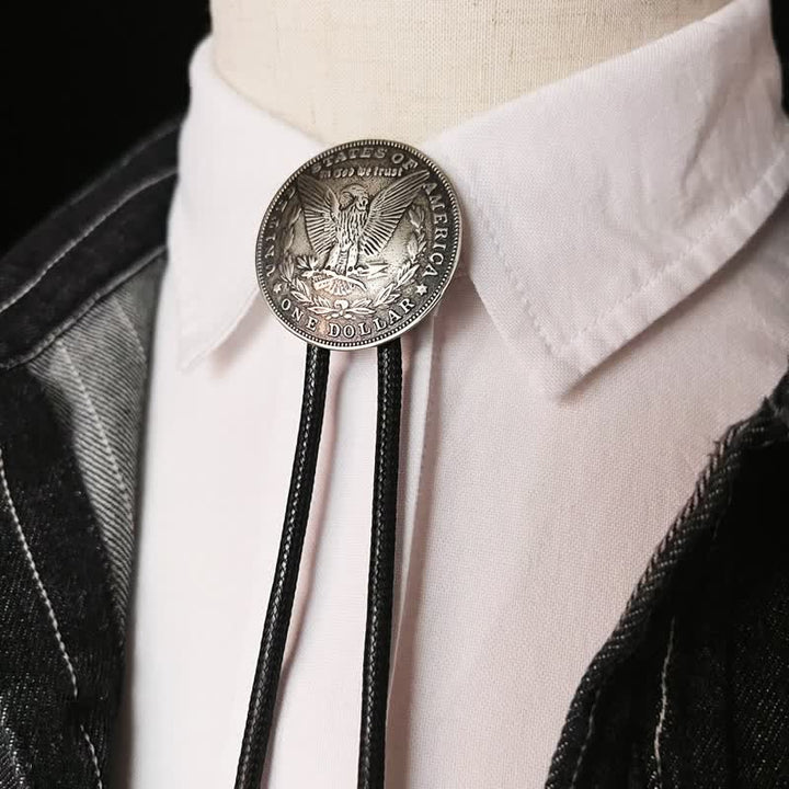 Round Flying Eagle Antique Silver Bolo Tie