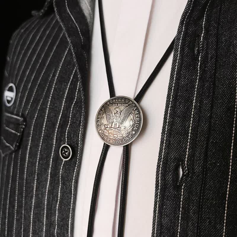 Round Flying Eagle Antique Silver Bolo Tie