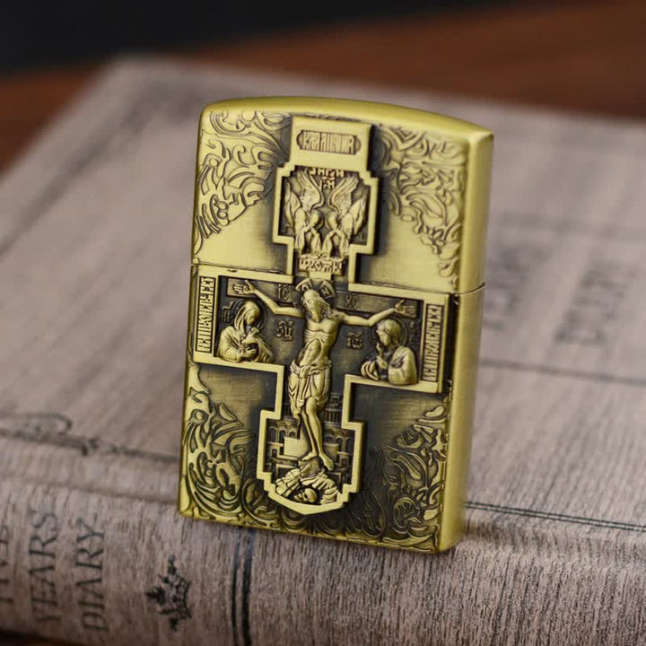 Cross Jesus Relief Grinding Wheel Refillable Butane Lighter