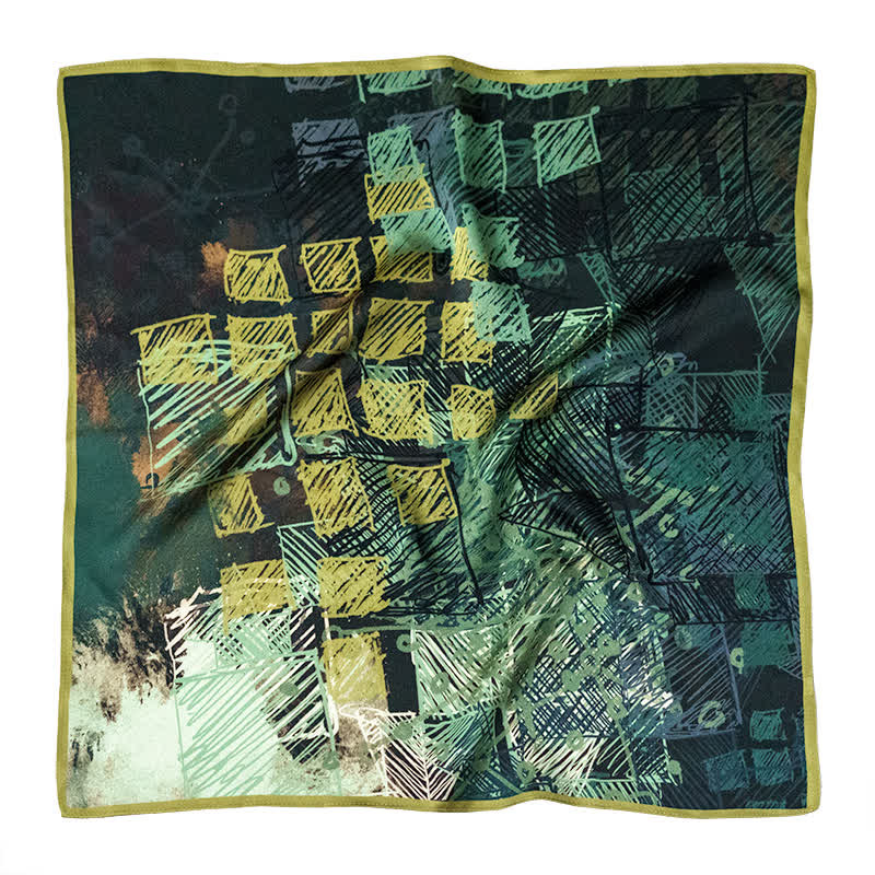 Forest Green Checkered Graffiti Square Scarf with Scarf Buckle