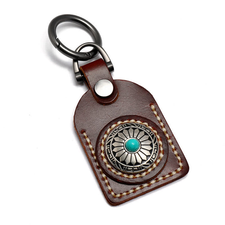 Charming Boho Flower Turquoise Leather Keychain - Brown - image 4