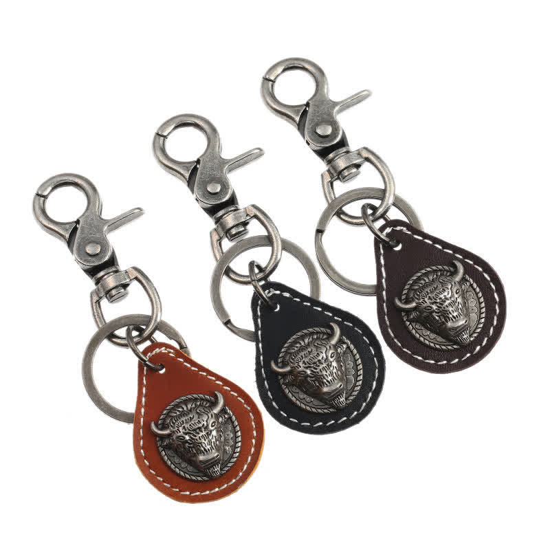 Punk Rock Bull Head Stitched Leather Keychain