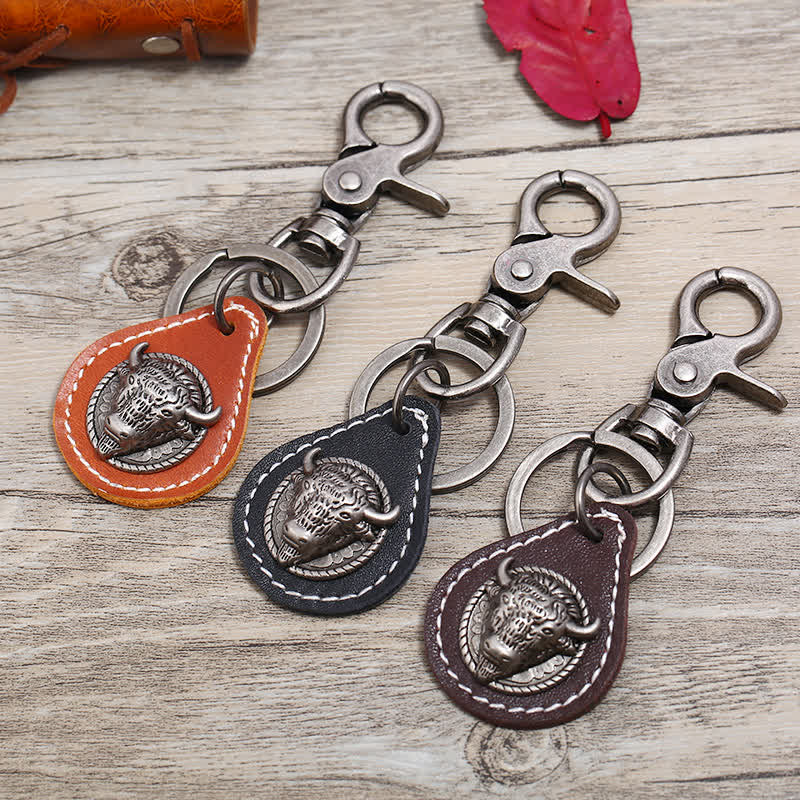 Punk Rock Bull Head Stitched Leather Keychain - image 0