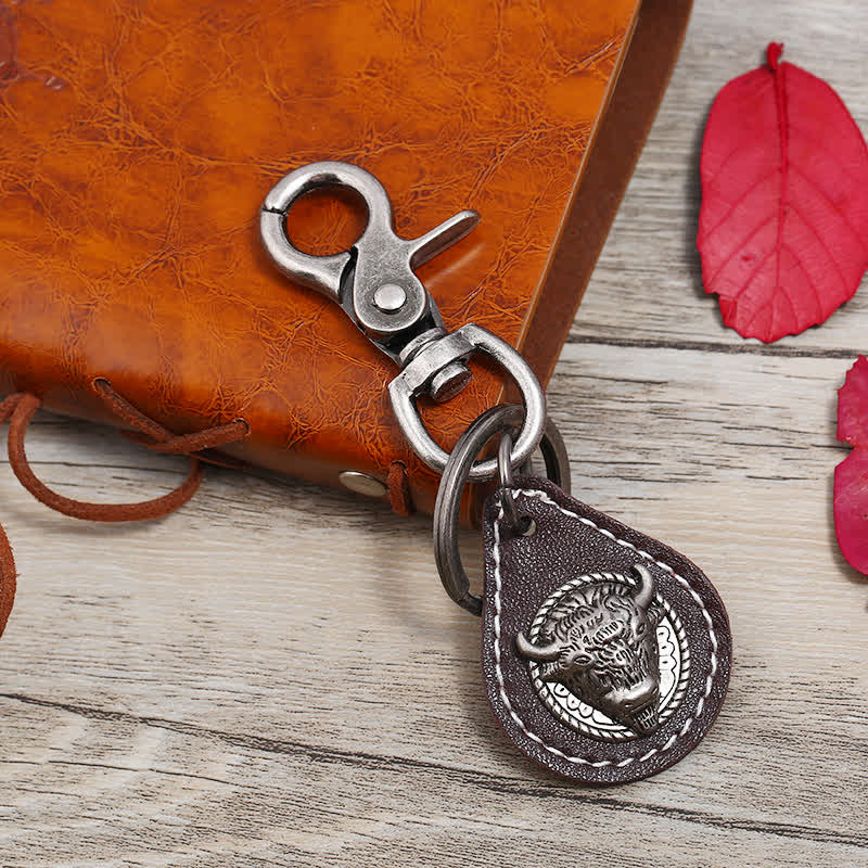Punk Rock Bull Head Stitched Leather Keychain - Dark Brown - image 3