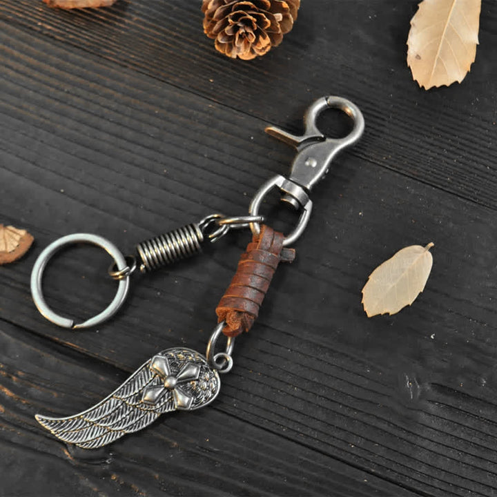 Small Cross Angel Wings Ornaments Leather Keychain