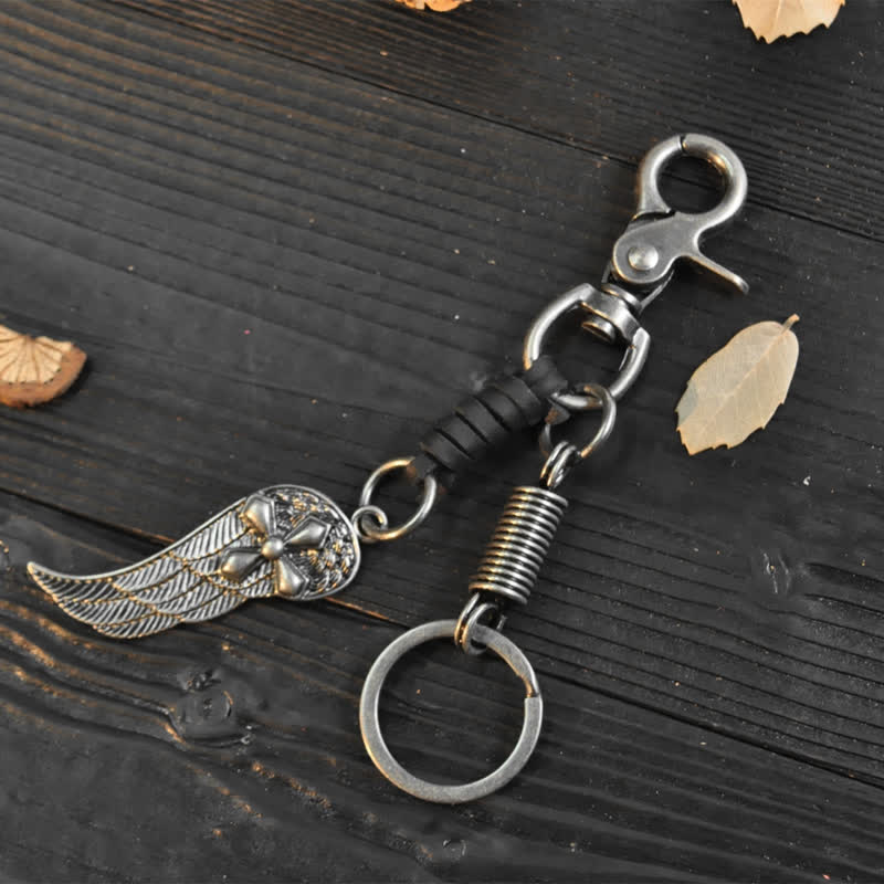 Small Cross Angel Wings Ornaments Leather Keychain - Black - image 1