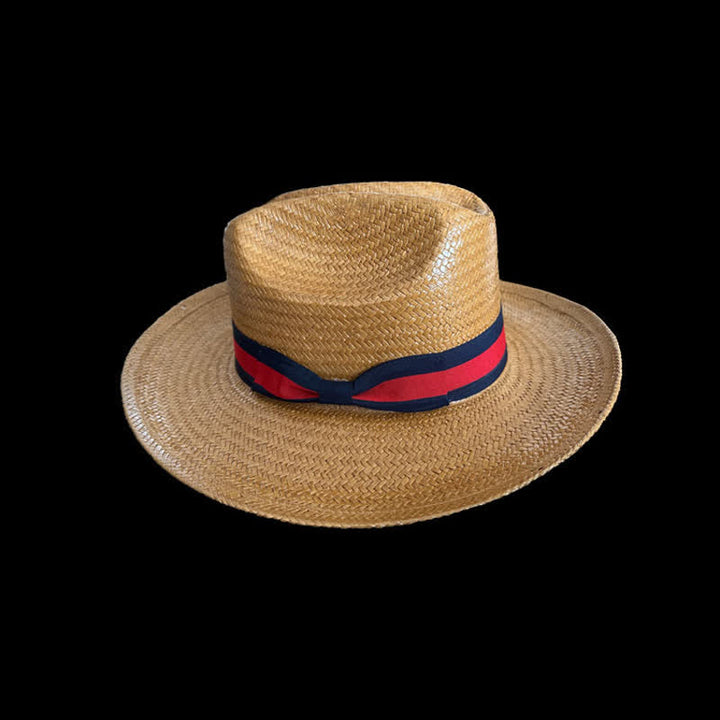 Decorative Red & Navy Ribbon Cowboy Weave Straw Hat