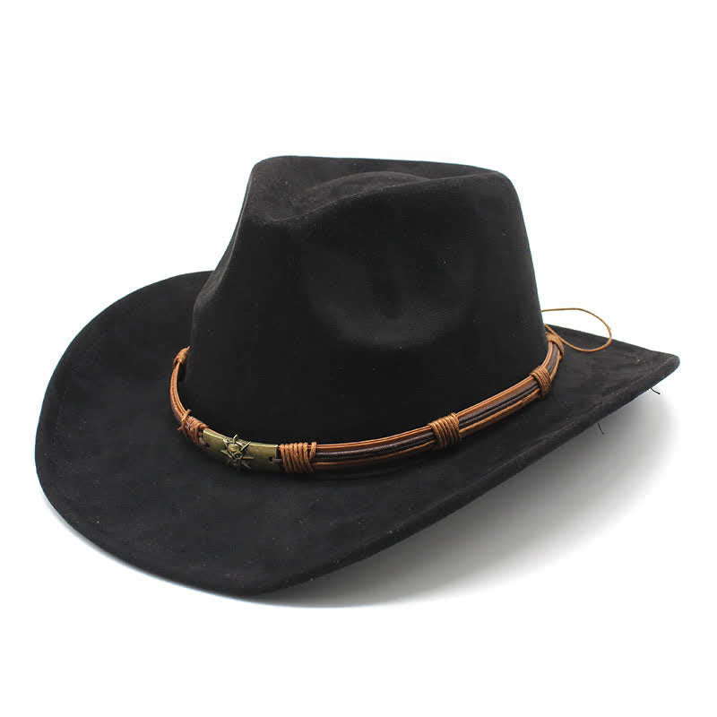 Ethnic Style Rope Decor Curved Brim Felt Cowboy Hat