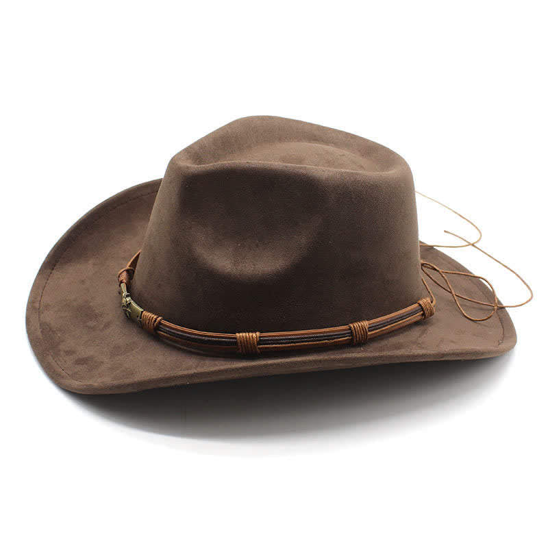 Ethnic Style Rope Decor Curved Brim Felt Cowboy Hat