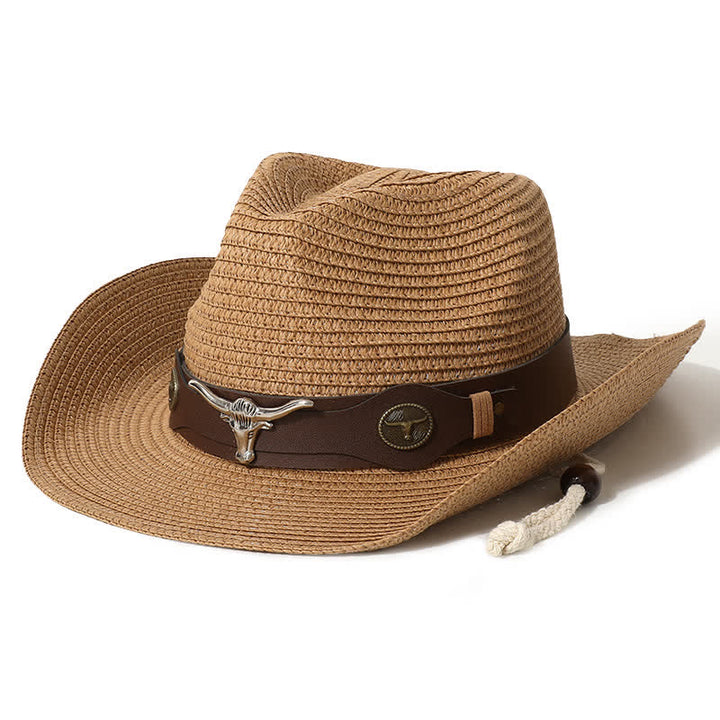 Cattle Decor Summer Beach Sunscreen Straw Hat - Khaki - M (22"-22 7/8") - image 0